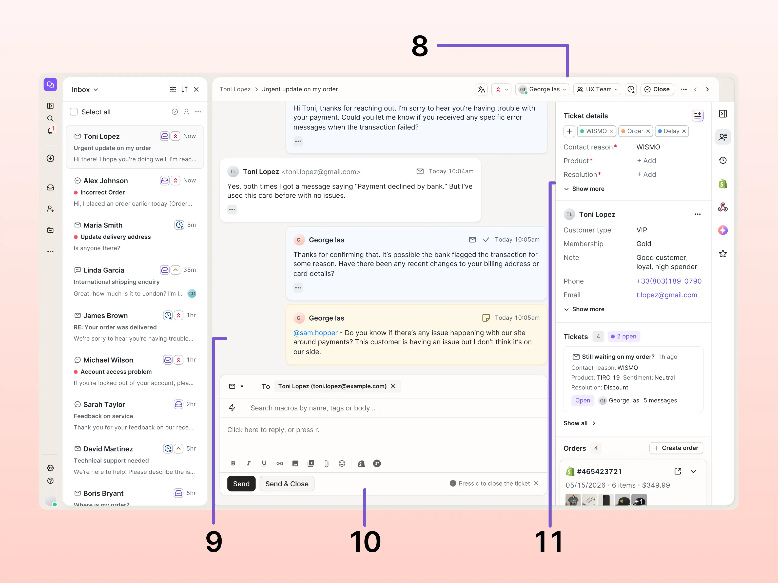 A single open ticket in Gorgias showing a conversation between a customer and agent about a payment issue, with ticket metadata, customer profile (VIP, Gold membership), linked tickets, and order details visible in the right panel.