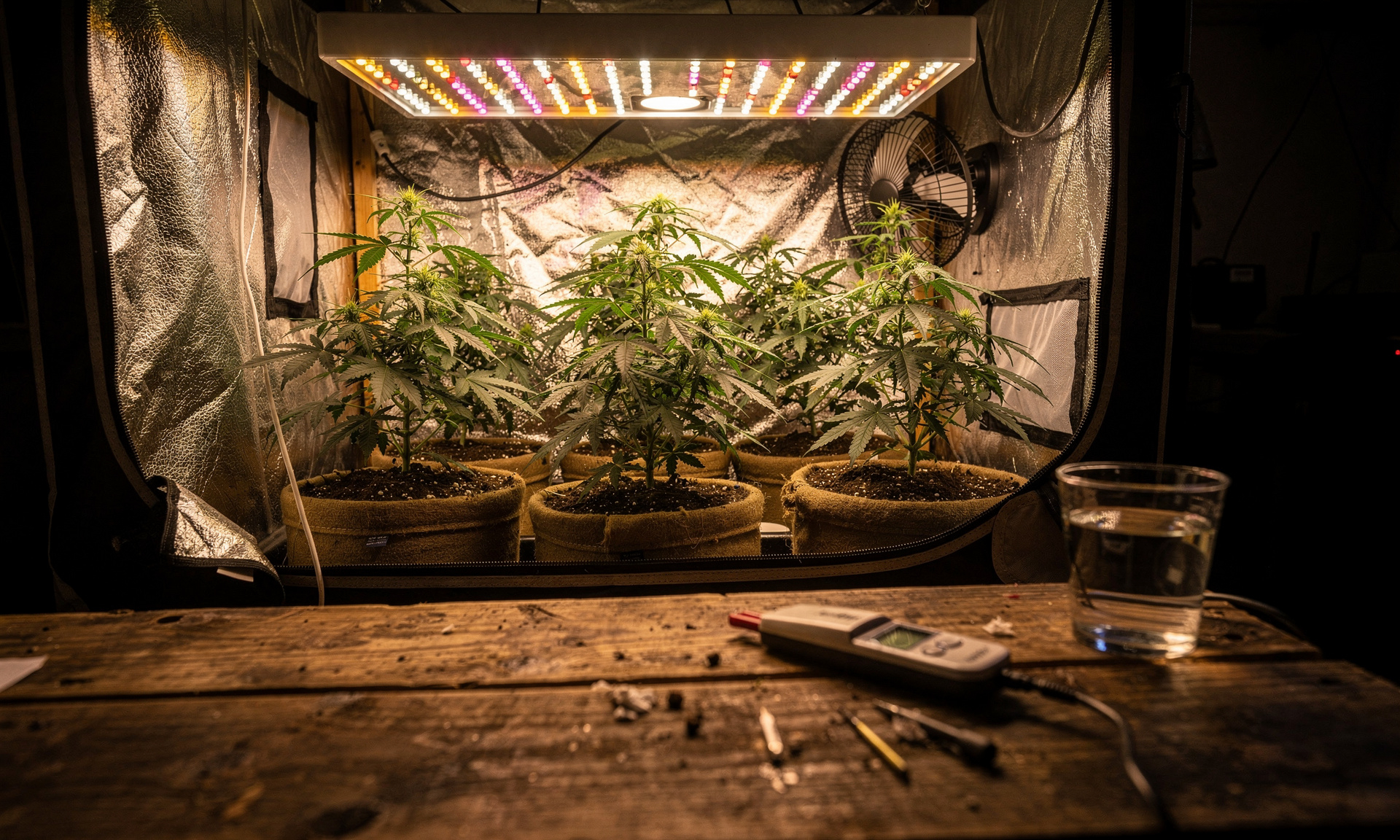 Cannabis plants growing in coco coir inside home grow tent with LED lighting and wooden workbench