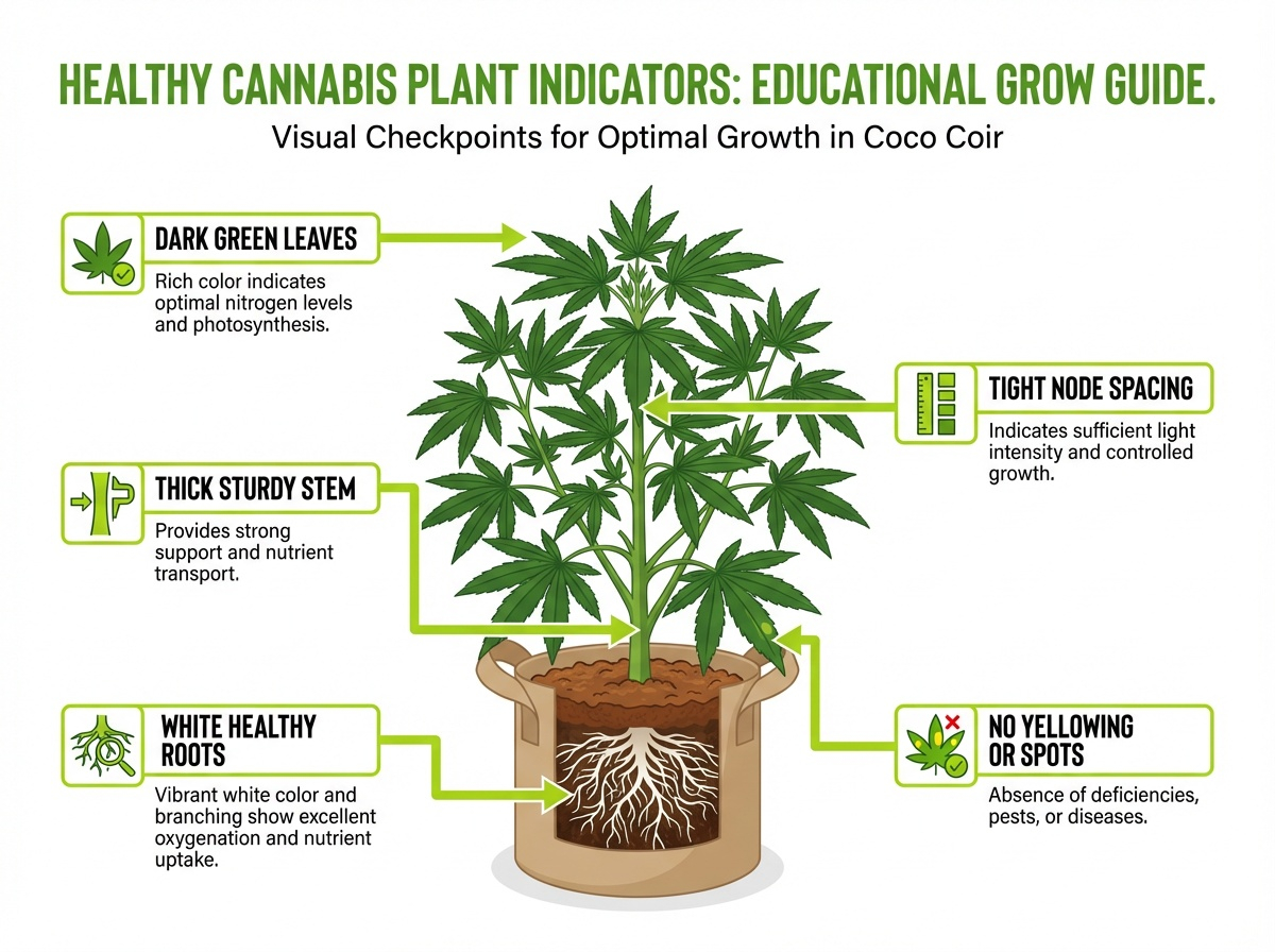Diagram showing signs of a healthy cannabis plant in coco coir