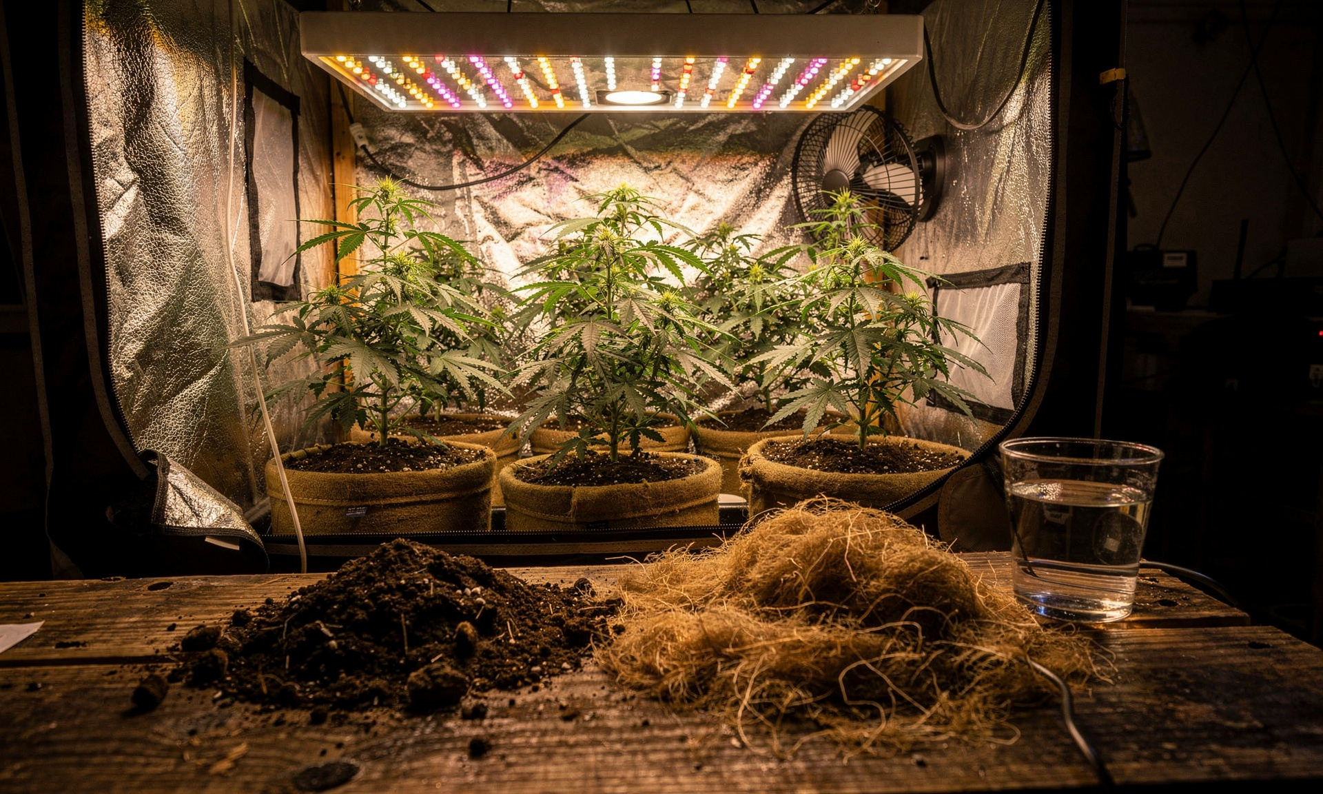 Close-up of brown coconut coir growing medium on wooden workbench