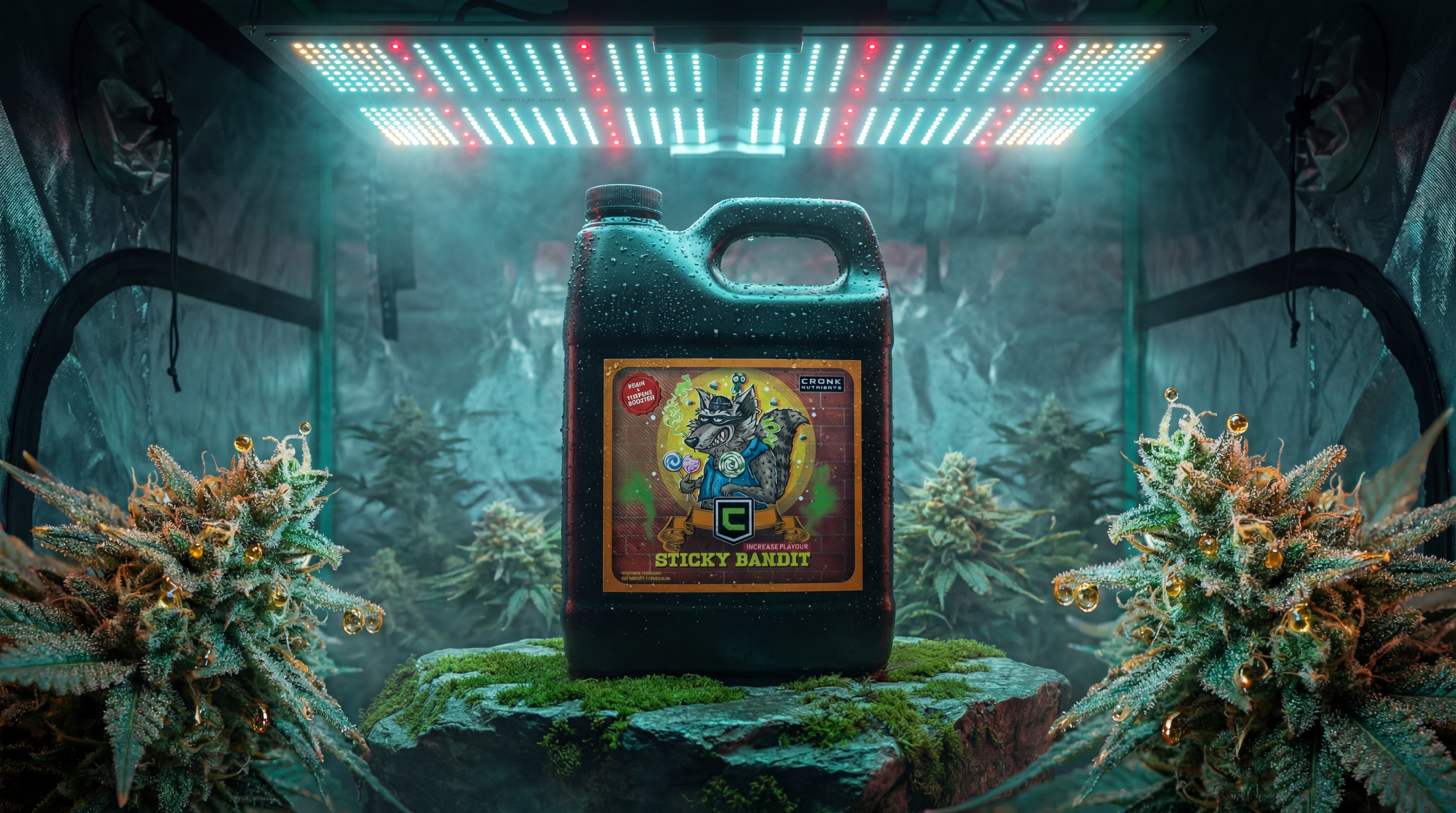 Cronk Nutrients Sticky Bandit in black jug with yellow label featuring cartoon bandit character, surrounded by resinous flowering cannabis plants with golden trichome details in professional grow tent setup