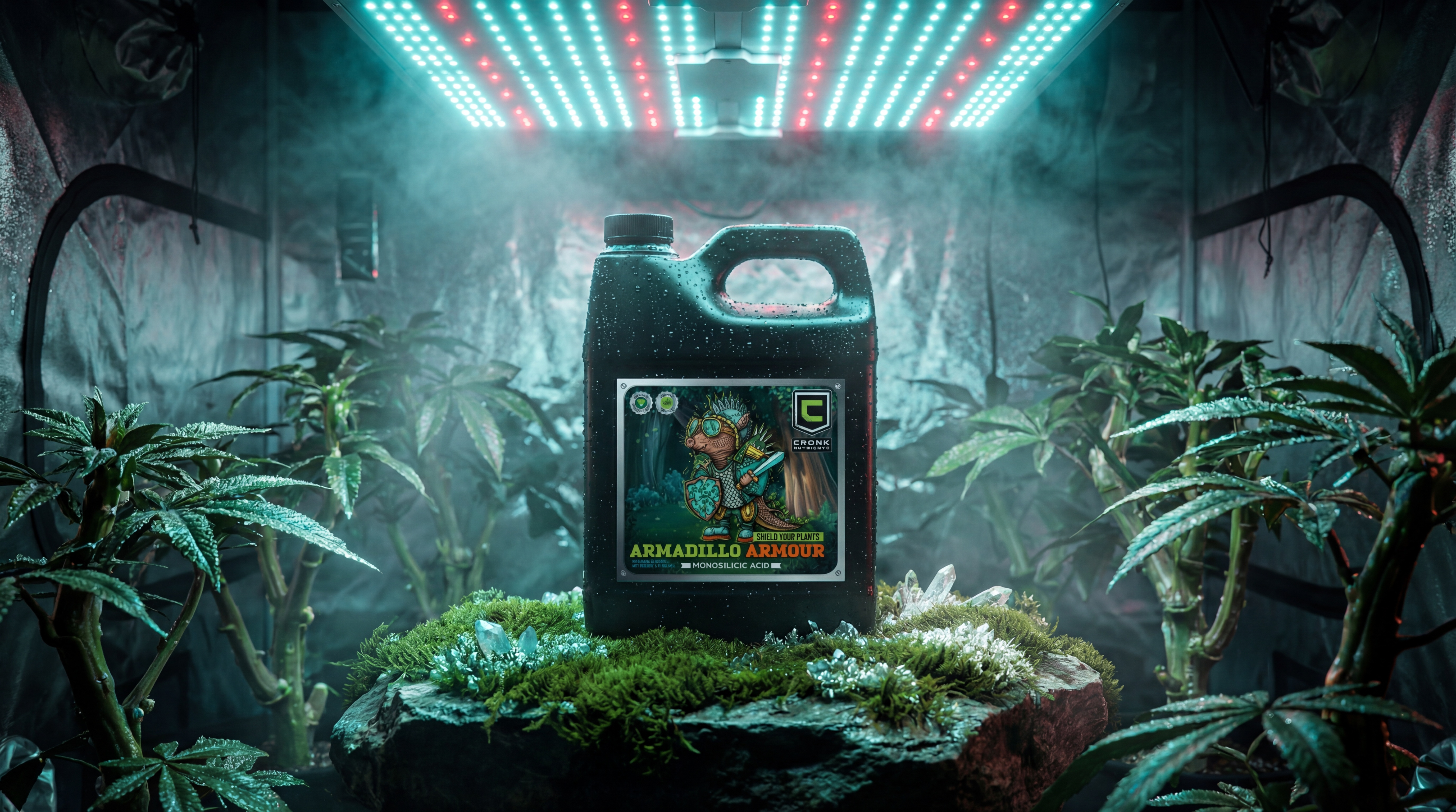 Cronk Nutrients Armadillo Armour plant protection formula in black jug with green forest-themed label featuring armadillo warrior character, displayed among young cannabis plants in grow tent with crystalline accents