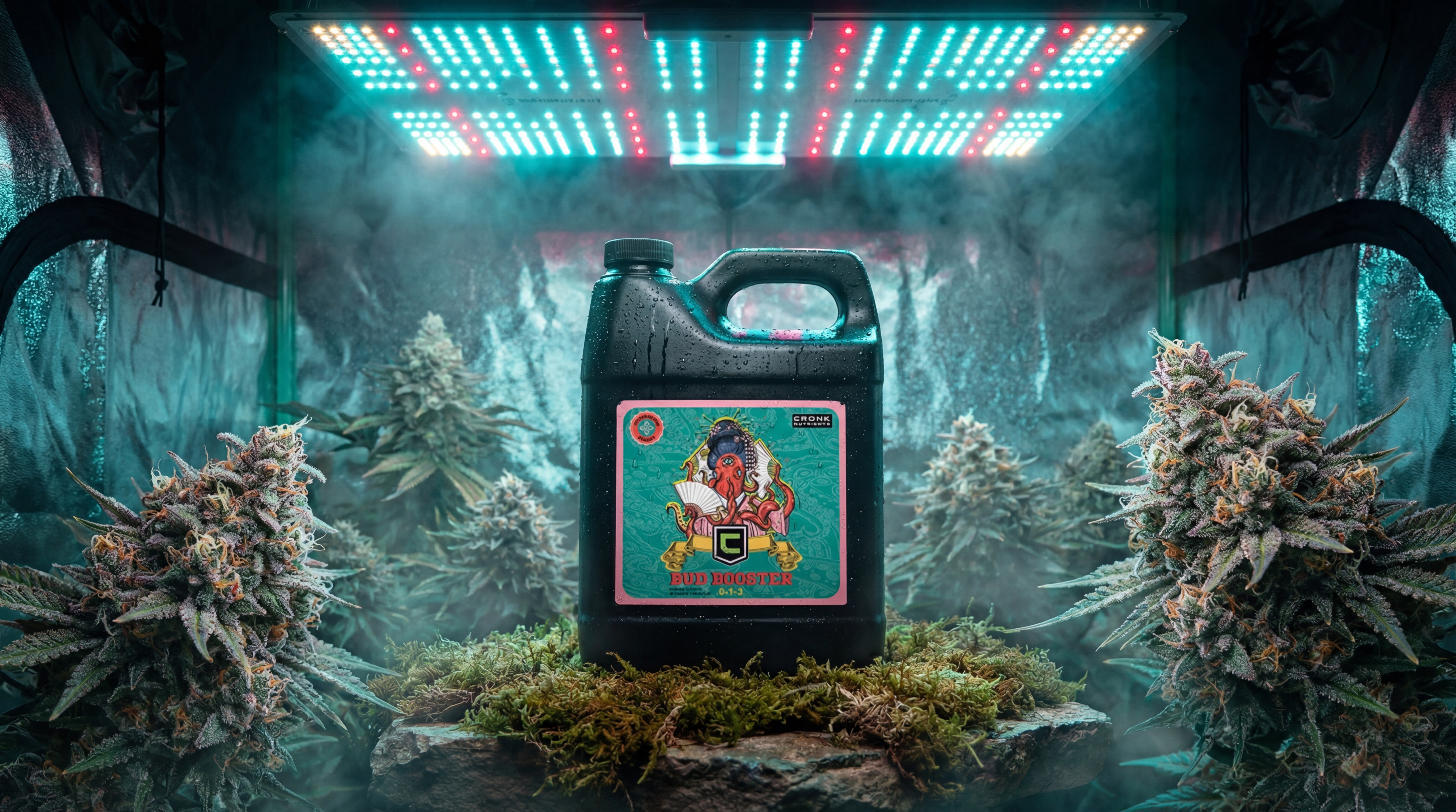 Cronk Nutrients Bud Booster bloom booster in black jug with turquoise and pink label featuring hip-hop styled character, positioned in grow tent with large flowering cannabis colas under colorful LED lighting