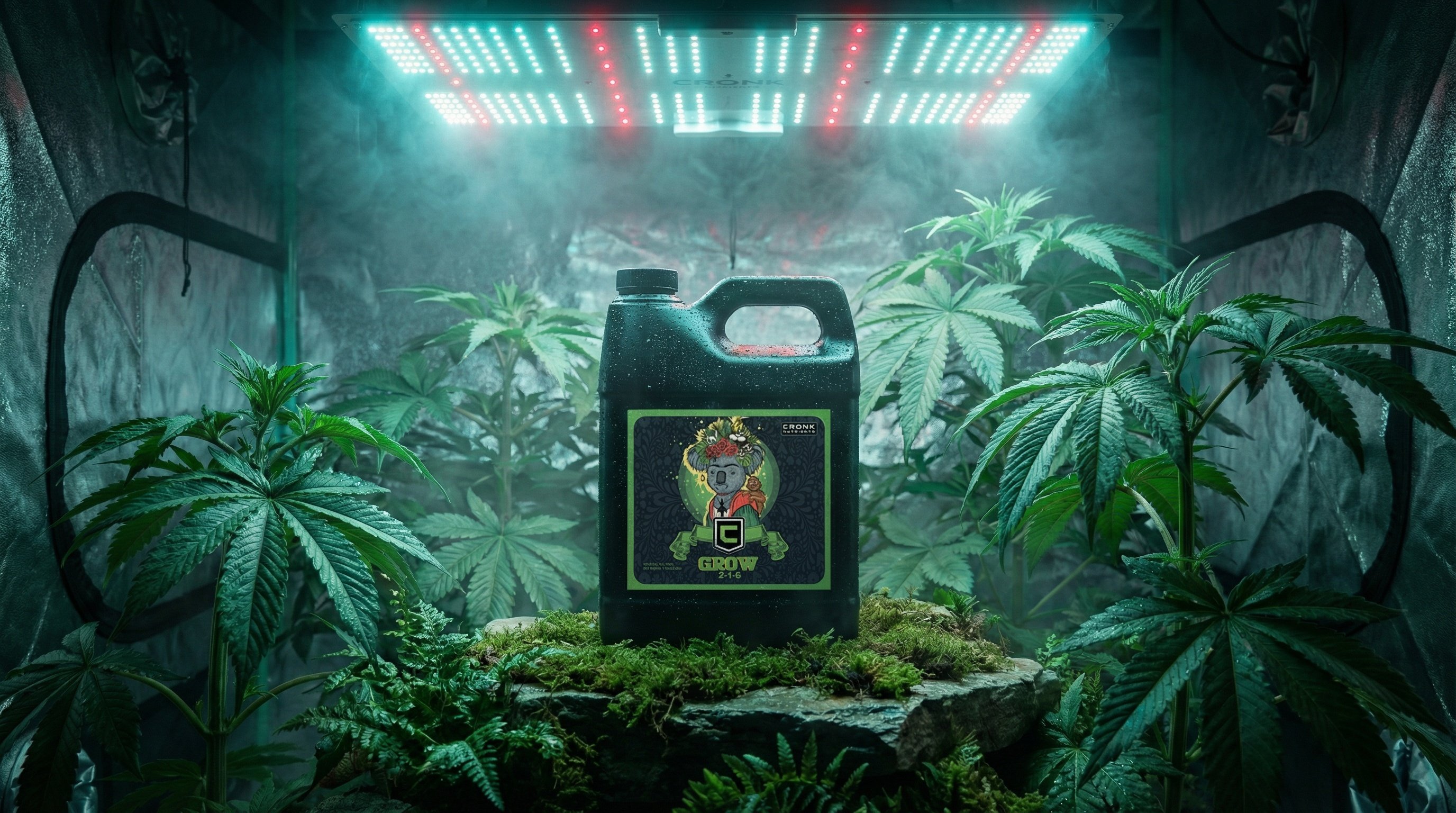 Cronk Nutrients Grow vegetative formula in black jug with green label featuring cartoon character, positioned on natural stone in grow tent surrounded by lush green cannabis plants under LED grow lights