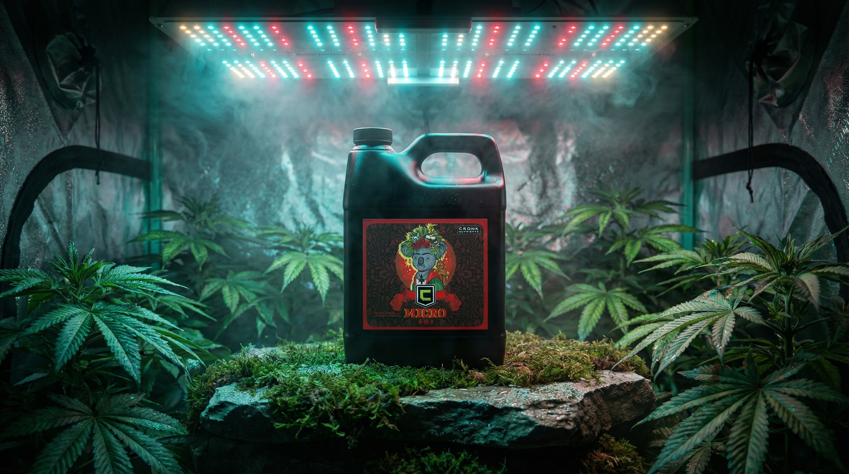 Cronk Nutrients Micro plant nutrient in black jug with red label featuring cartoon character, displayed on moss-covered rock inside professional grow tent with LED lighting and healthy cannabis plants