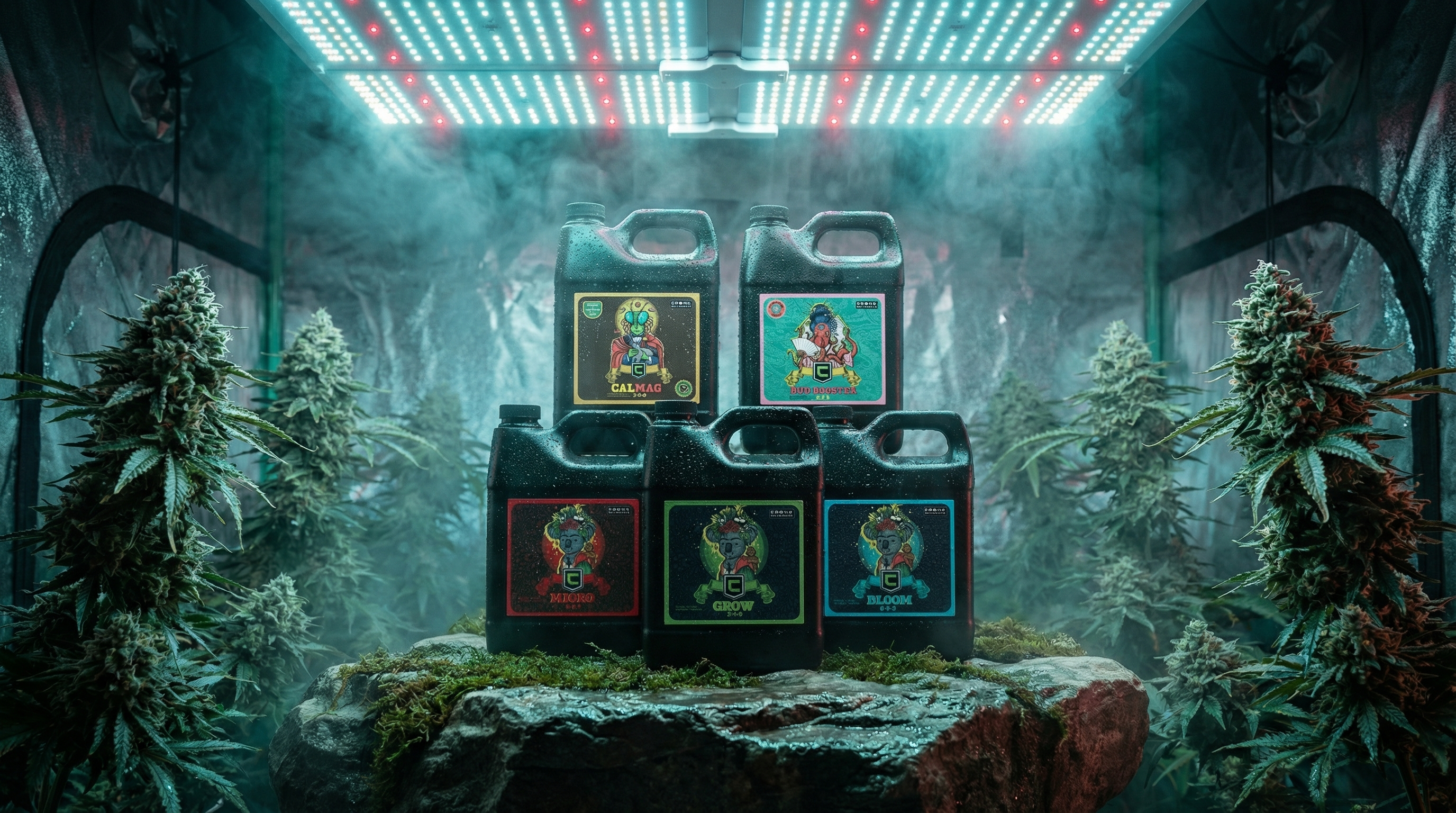 Cronk Nutrients complete five-bottle product line featuring Micro, Grow, Bloom, and CalMag formulas arranged in pyramid display inside professional grow tent with flowering cannabis plants