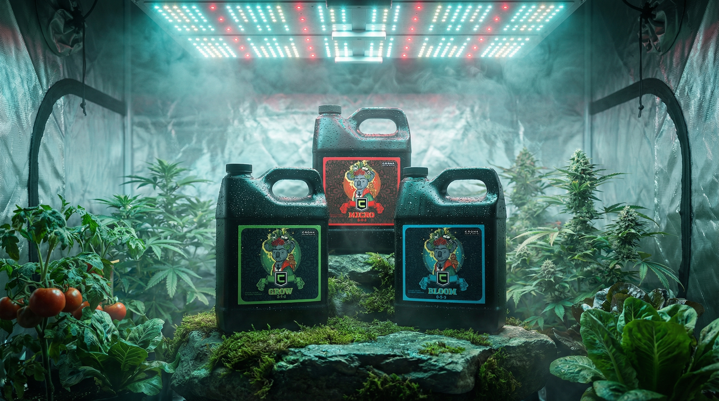Cronk Nutrients Micro, Grow, and Bloom three-part nutrient system in black jugs with colorful character labels arranged in pyramid formation, surrounded by tomatoes and cannabis plants in grow tent