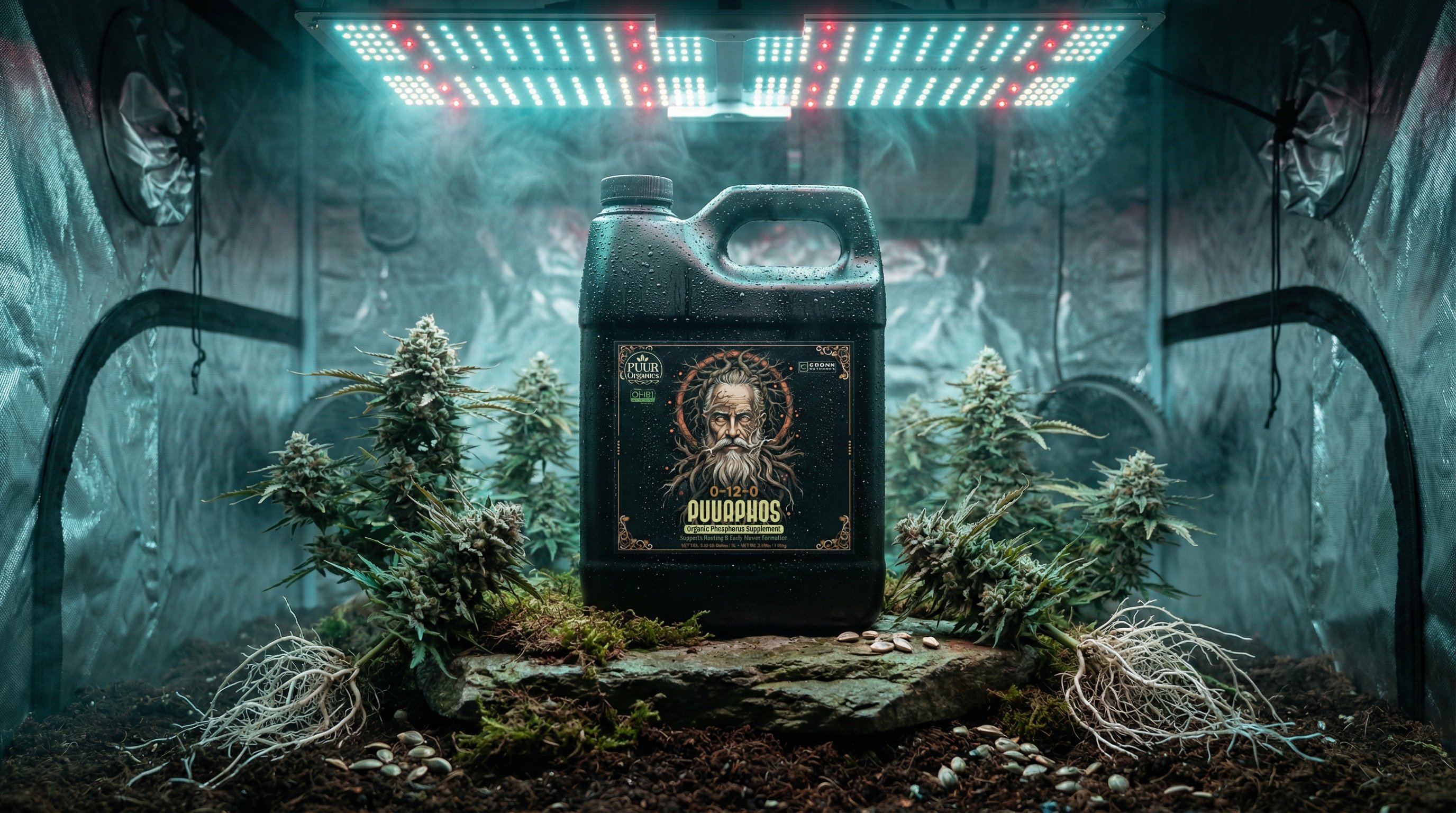 Cronk Nutrients PuurPhos phosphorus supplement in black jug featuring wise elder with root beard illustration, positioned in grow tent with cannabis plants showing exposed root systems under LED lighting