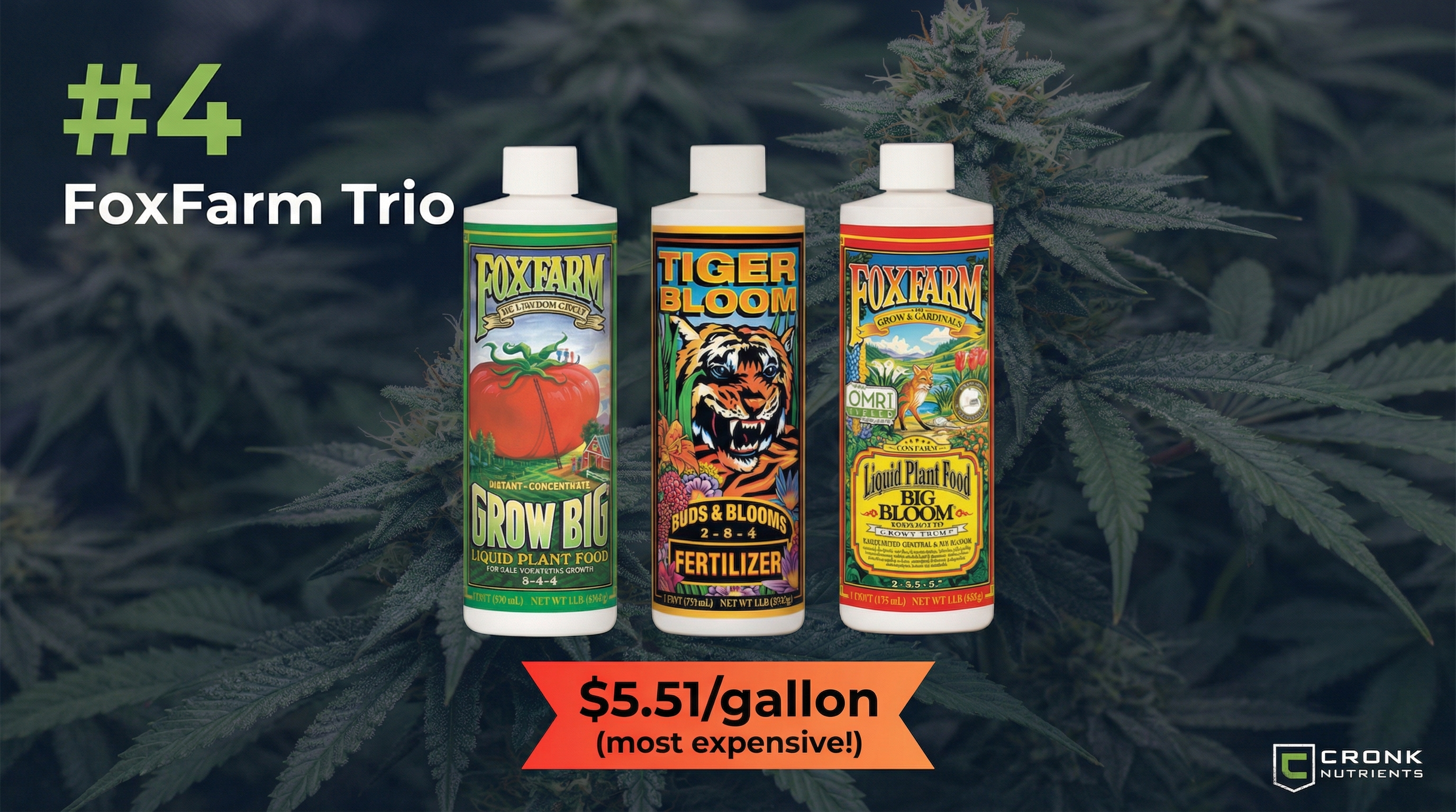 FoxFarm Trio nutrient bottles including Grow Big, Tiger Bloom, and Big Bloom