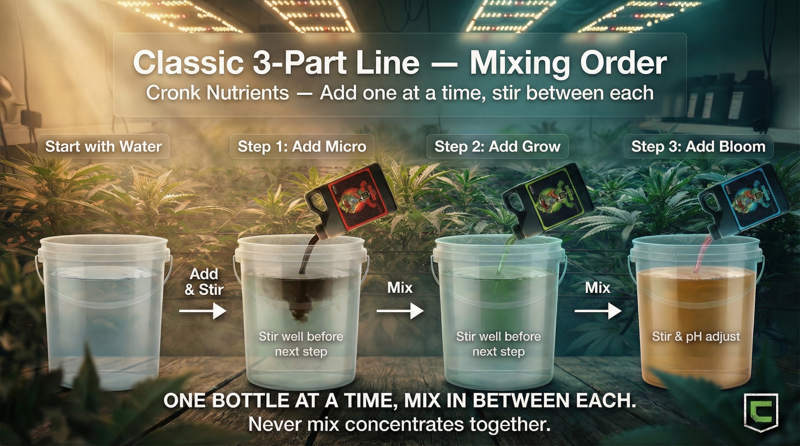 Cronk Nutrients mixing order infographic — step-by-step guide showing the correct order to add Armadillo Armour, CalMag, Micro, Grow, Bloom, and additives to water
