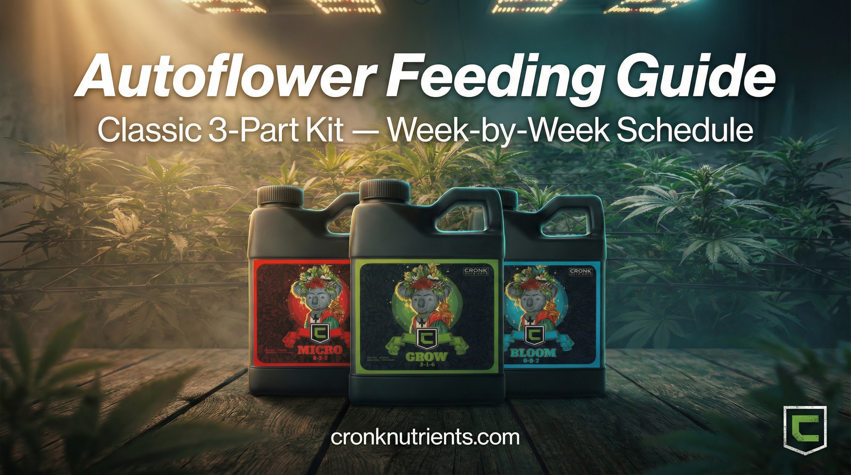 Cronk Nutrients Classic 3-Part Kit bottles — Micro, Grow, and Bloom — displayed alongside a healthy autoflowering cannabis plant in full flower