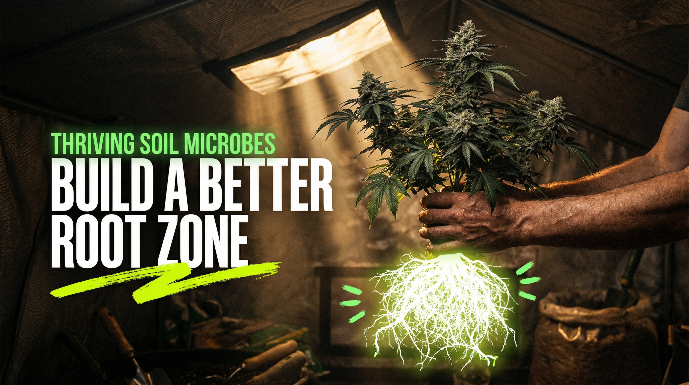 Thriving soil microbes build a better root zone, showing a cannabis plant with glowing healthy white roots in an indoor grow tent
