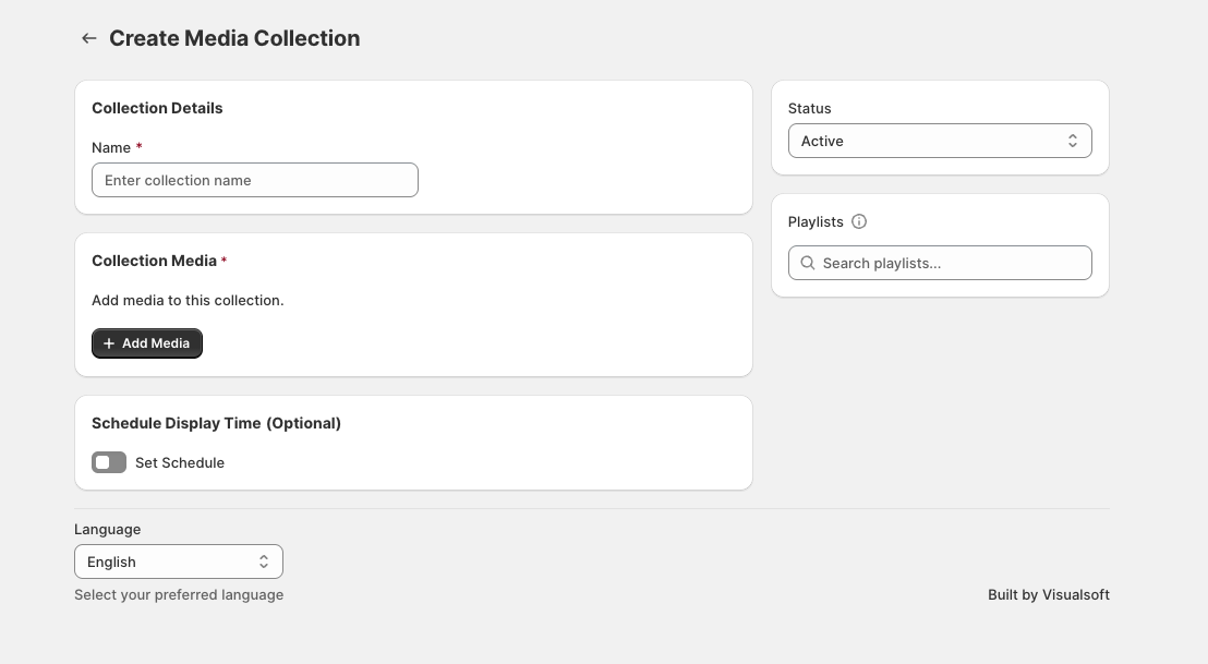 Add Media screen showing the Media Collections search field with a collection selected