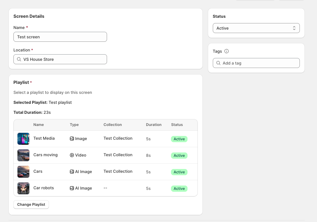 Screen details page in Broadcast showing Name, Location, Status, Tags, Playlist, and Change Playlist