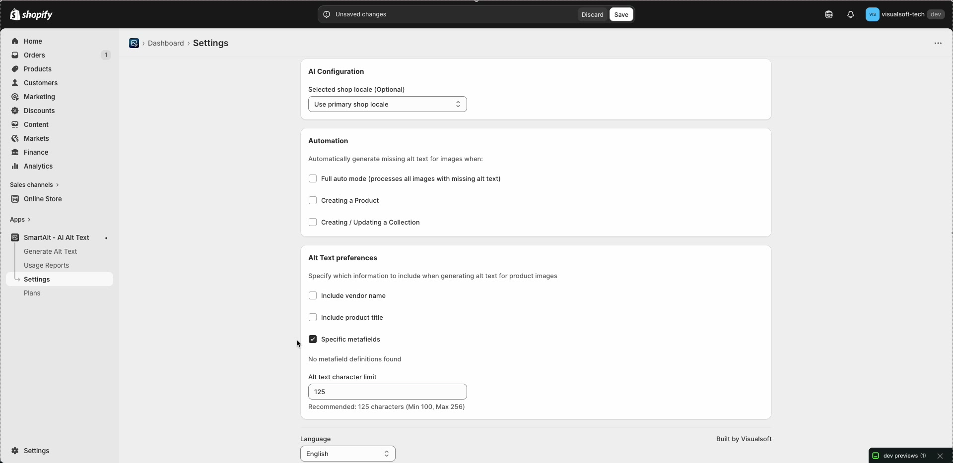 SmartAlt Settings showing Alt Text preferences with Specific metafields enabled