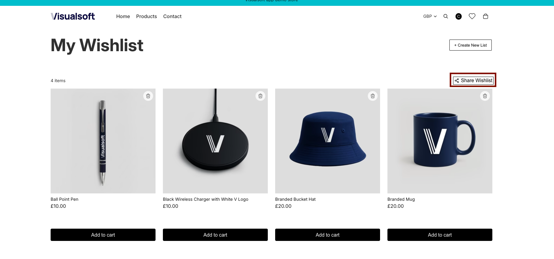 Wishlist page showing the Share Wishlist button