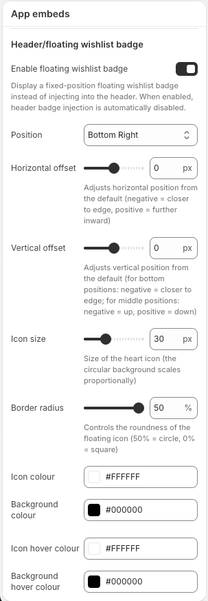Wysh Header/floating wishlist badge settings showing the Enable floating wishlist badge toggle and position controls