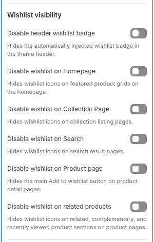 Wysh App embeds settings showing the Wishlist visibility options in the Shopify theme editor