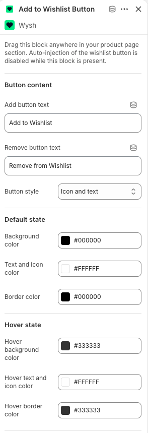 Wysh Add to Wishlist Button settings showing button text, button style, and colour controls