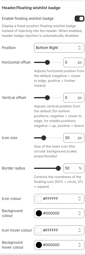 Header and floating wishlist badge settings showing position, offset, icon size, radius, and colour controls