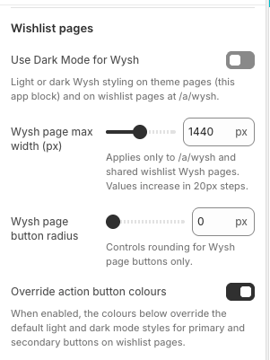 Wishlist pages section in Wysh settings showing Override action button colours