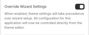Wysh Wishlist app embed settings in the Shopify theme editor showing Override Wizard Settings