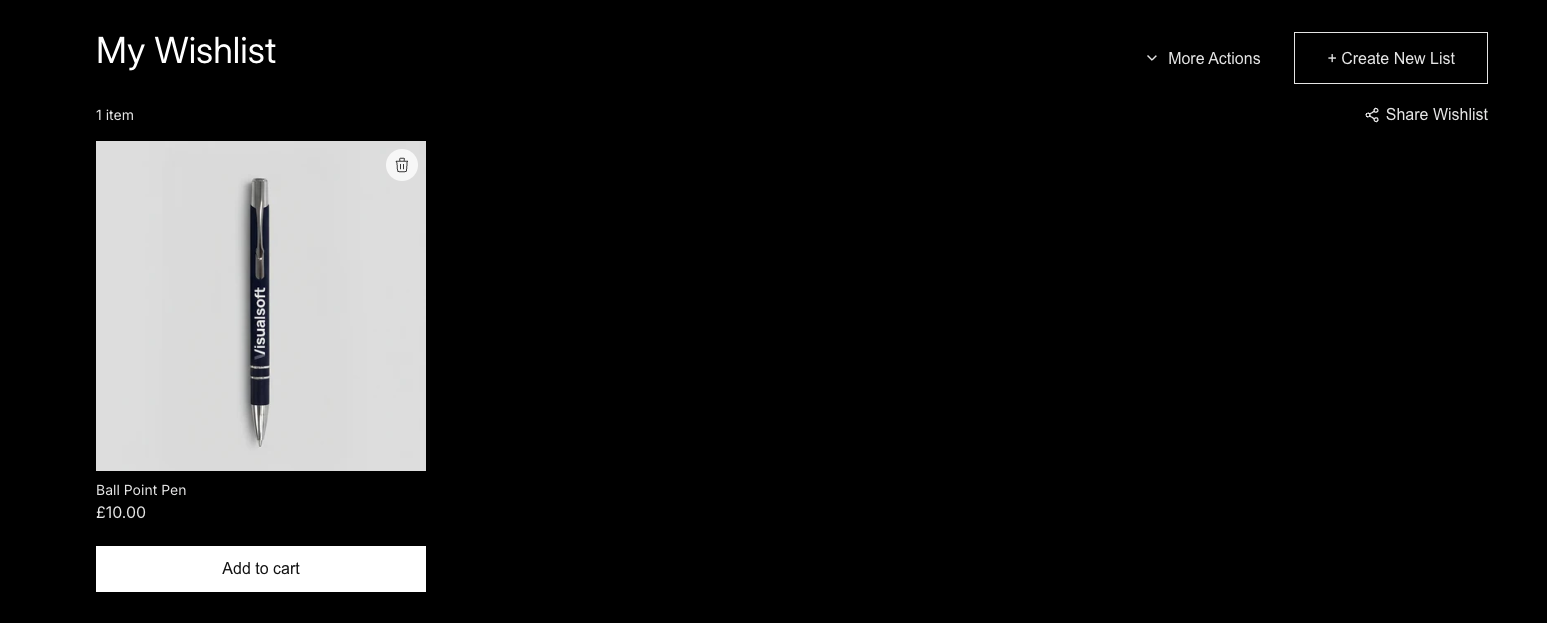 Wysh wishlist page in dark mode with white text and light buttons on a black background