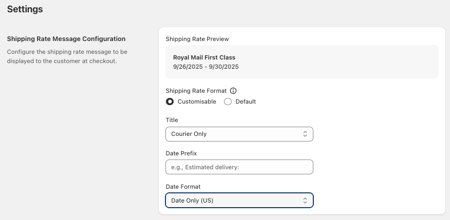Settings page showing Shipping Rate Message Configuration options in Zonal