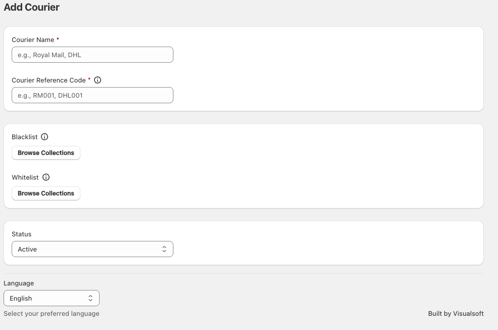 Add Courier screen in Zonal showing Courier Name, Courier Reference Code, Blacklist, Whitelist, Status, and Language fields