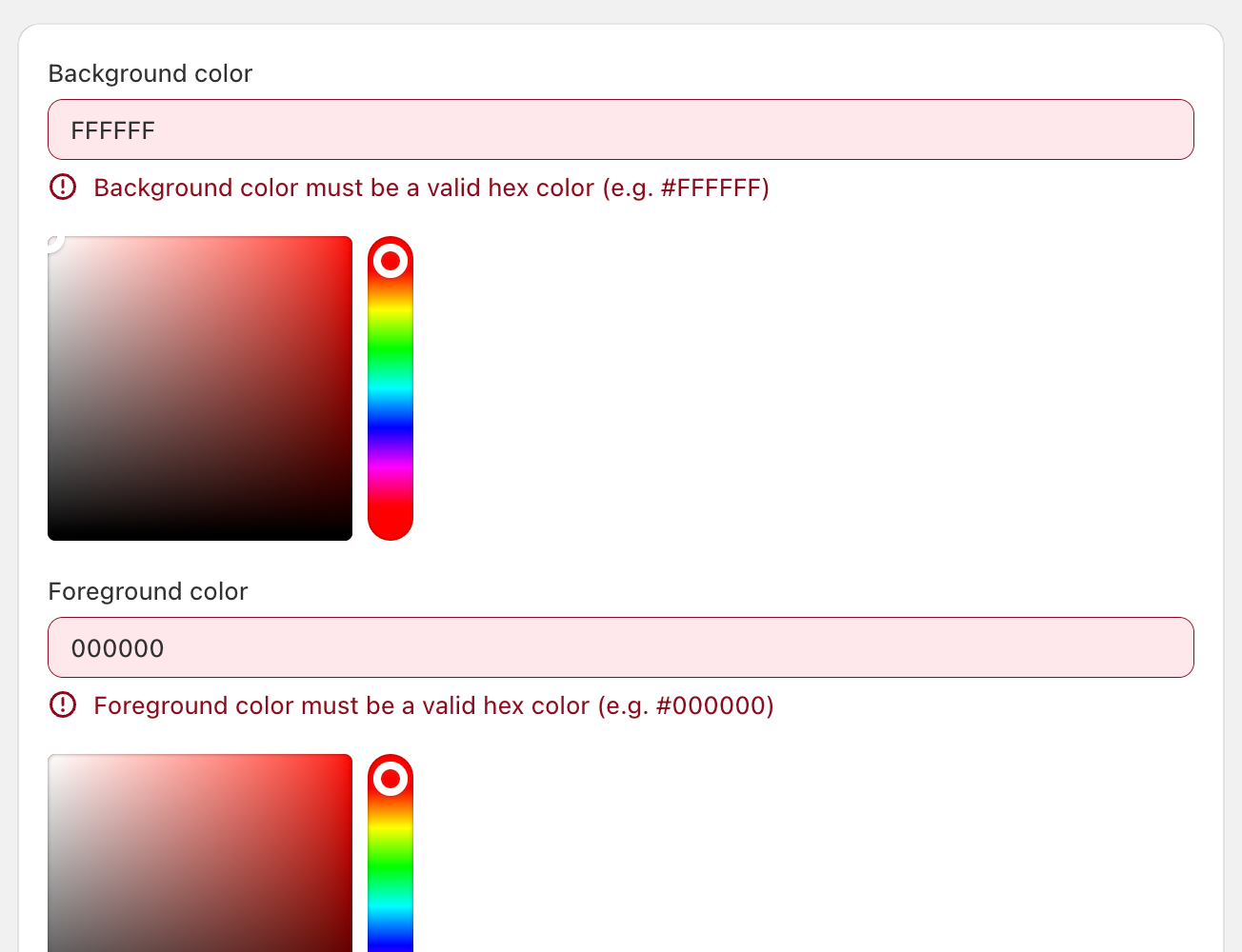 QuiQR Codes Edit QR Code screen showing validation errors for Background color and Foreground color when the # symbol is missing from hex values