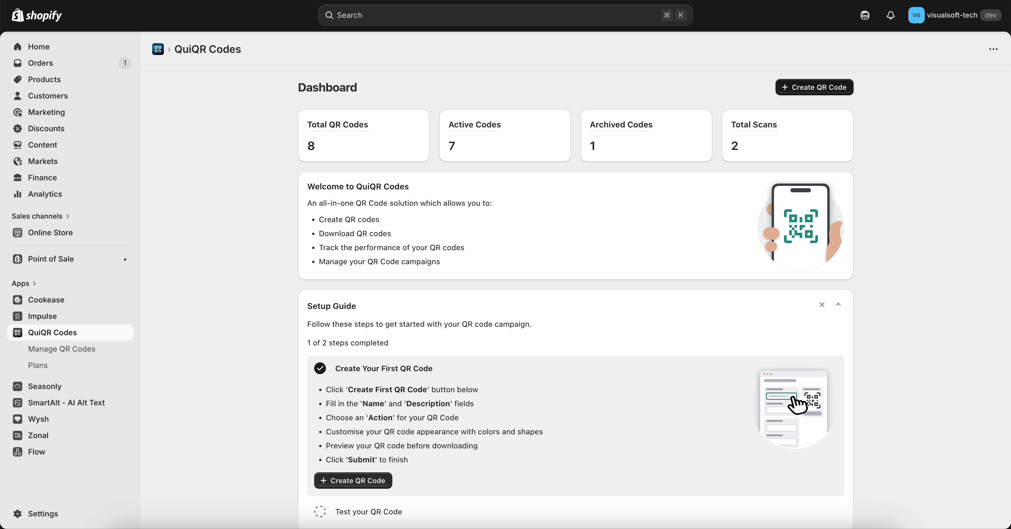 QuiQR Codes dashboard showing the Create QR Code button and Setup Guide
