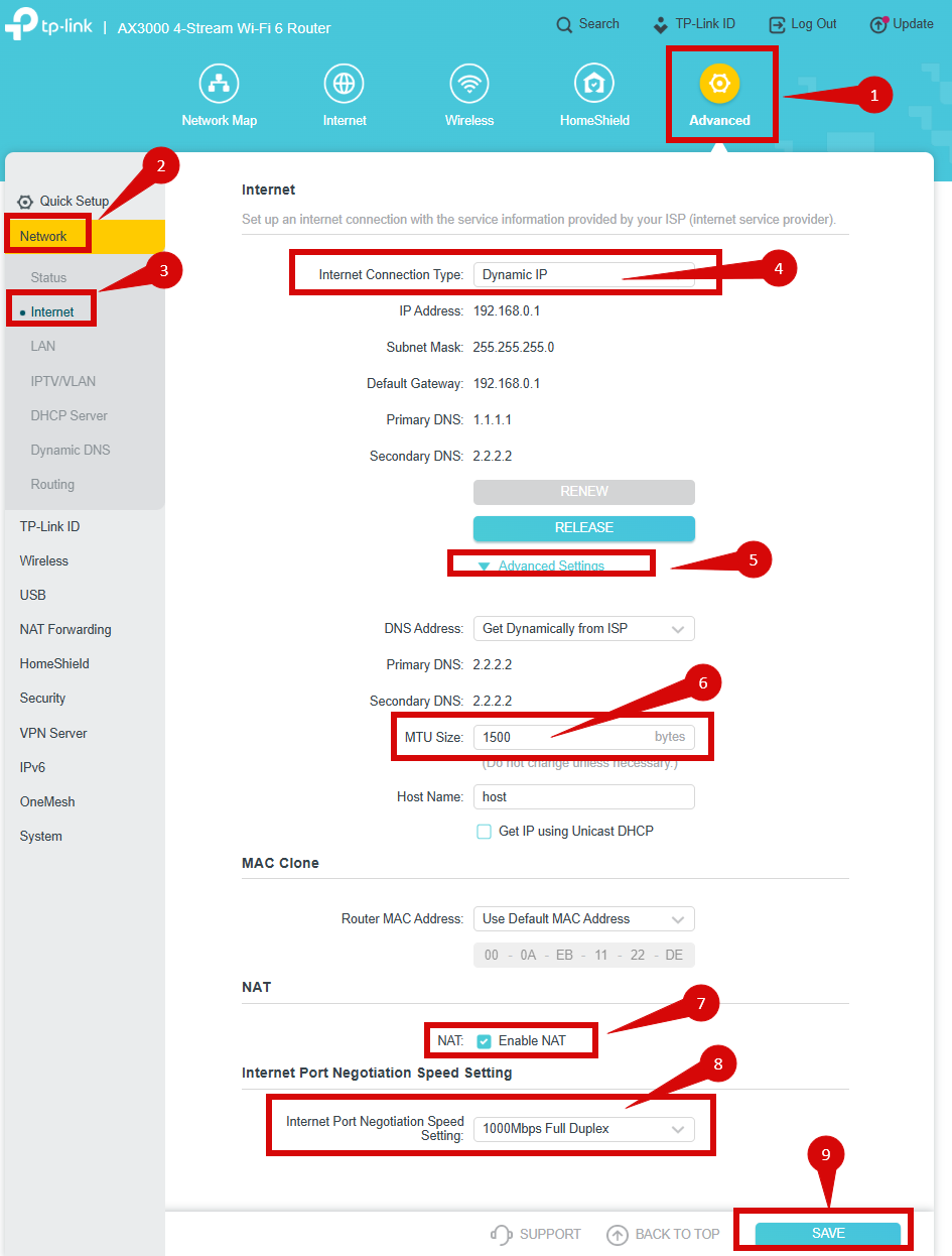 TP-Link Archer AX55 Internet connection settings
