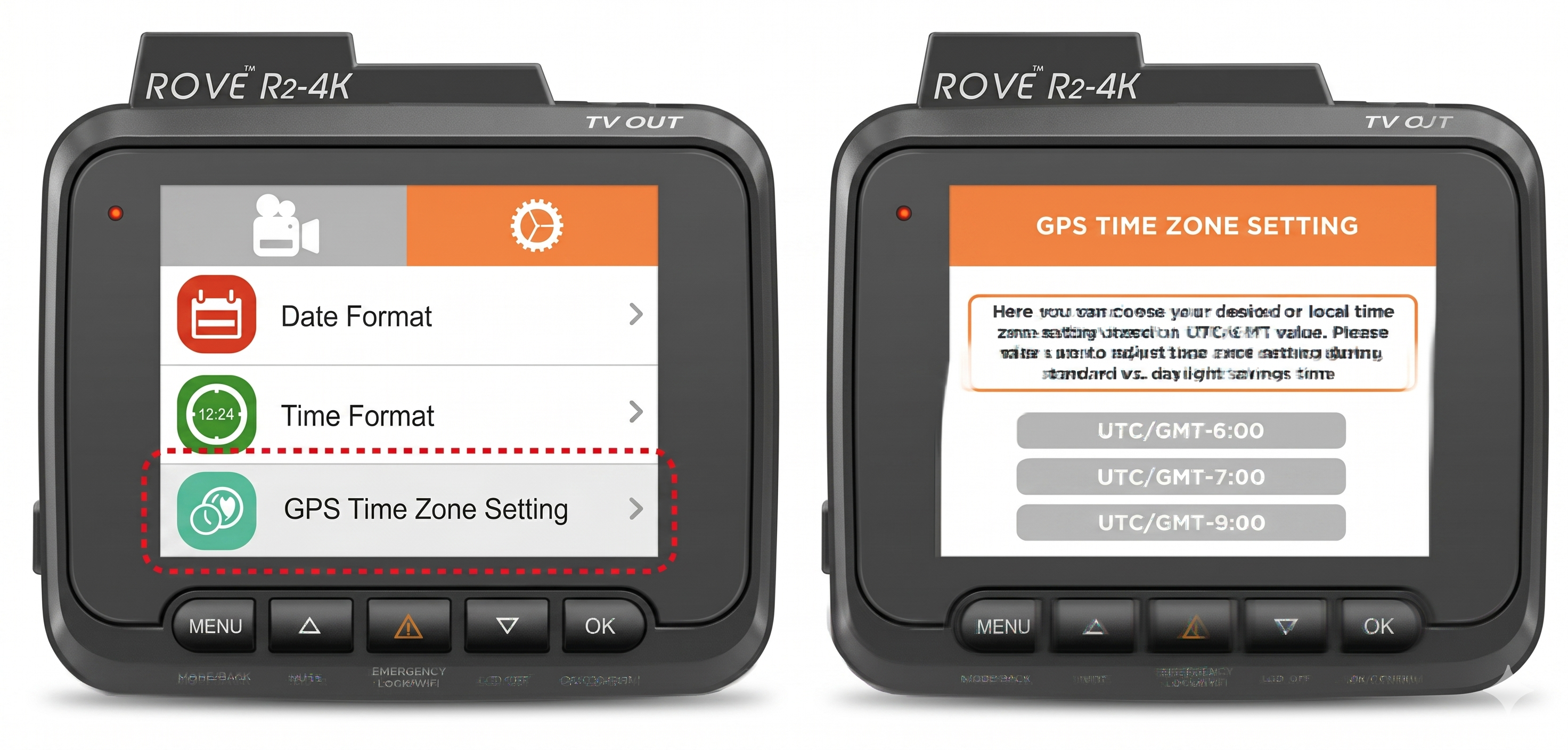 ROVE dash cam GPS Time Zone Setting screen