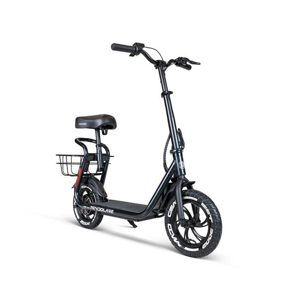 A black scooter with basketAI-generated content may be incorrect.