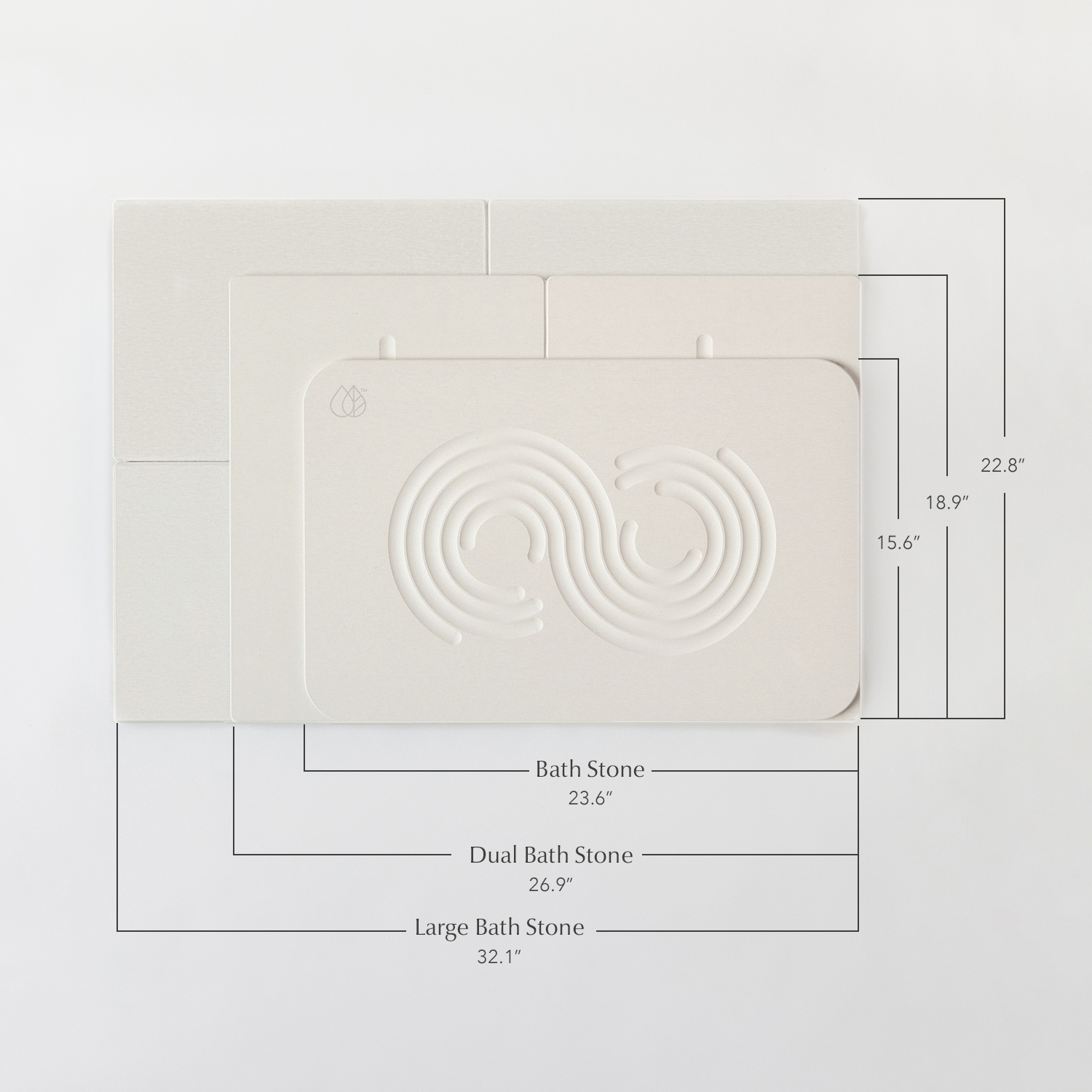 Width and height dimensions for bath stone, dual bath stone, and large bath stone