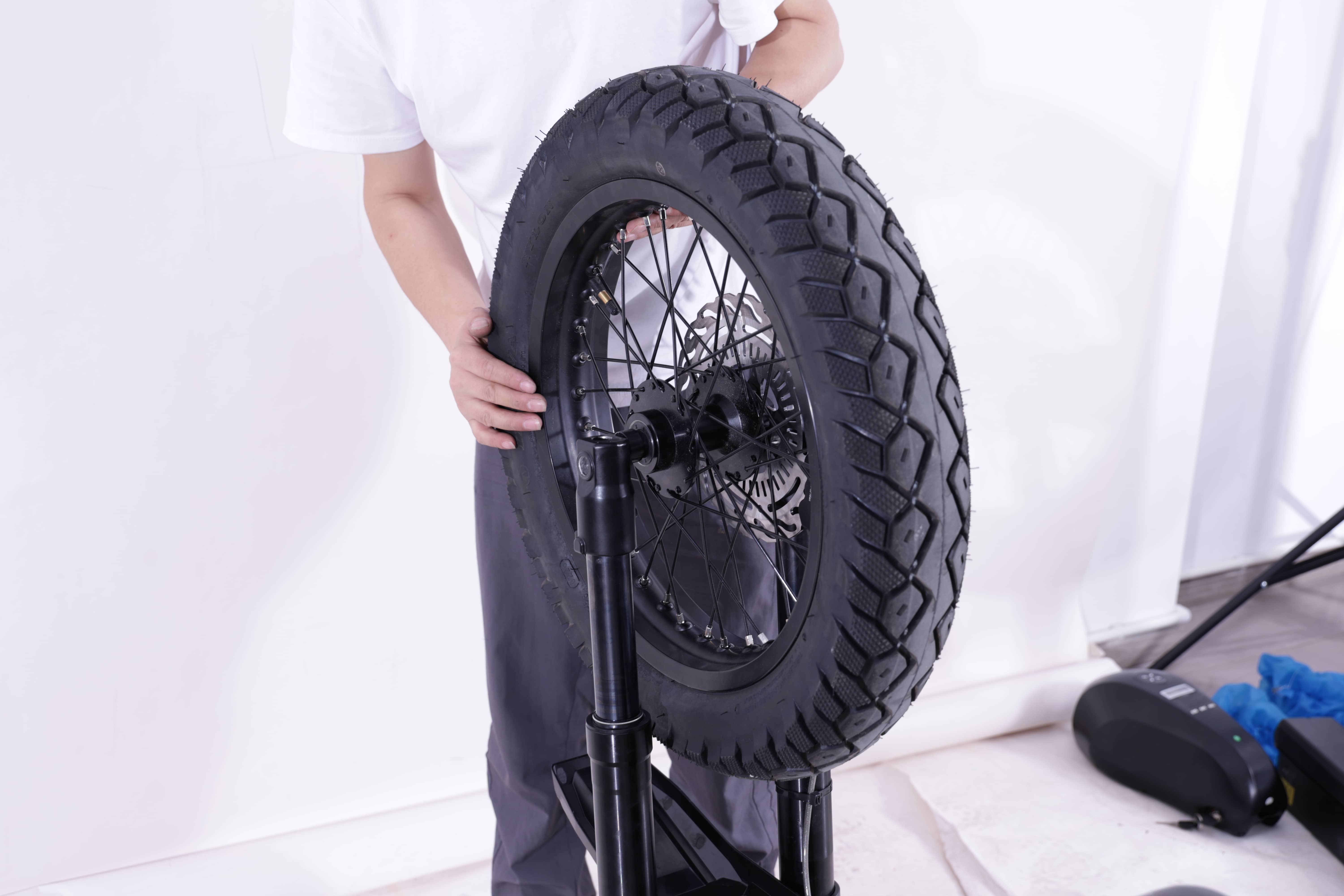 Grizzly 72V PPB wheel positioned between the fork legs.