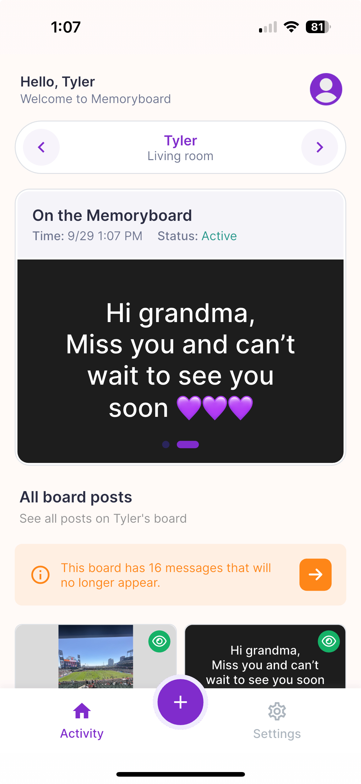 Activity screen in the Memoryboard app