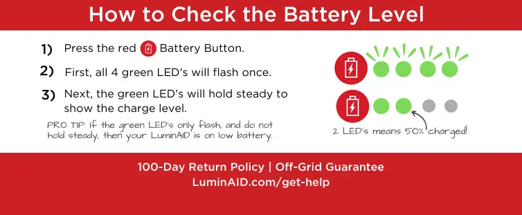 Graphic titled "How to Check the Battery Level" containing a 3 step process on how to check the battery level of your LuminAID. To the right of the text is a graphic that depicts the 5 dot LED battery level indicator on the top of the LuminAID.