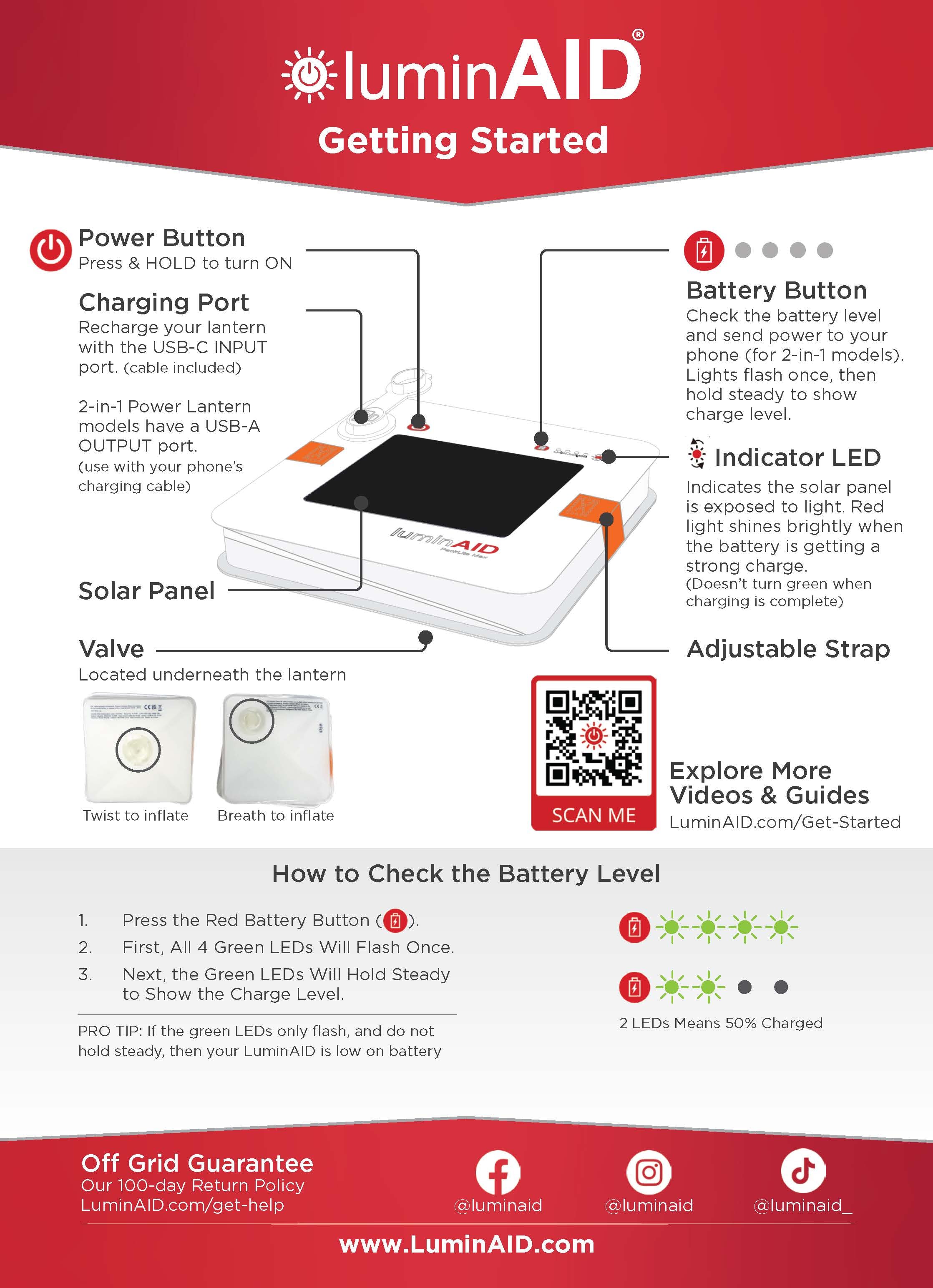 Graphic titled "Ready to Shine?". Includes depiction of a flattened LuminAID lantern with lines pointing to the various parts of the lantern, including the power and battery buttons, charging port, handle, valve, and solar panel. On the bottom of the graphic there are instructions on how to check the battery level, and a depiction of the LED battery level icon. 