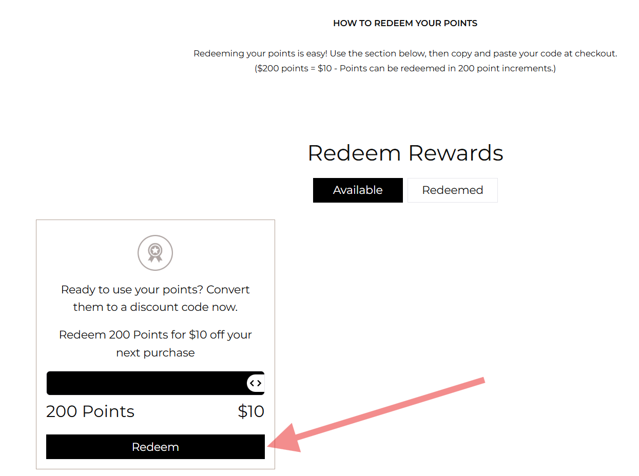 Image showing the redeem section of the rewards page