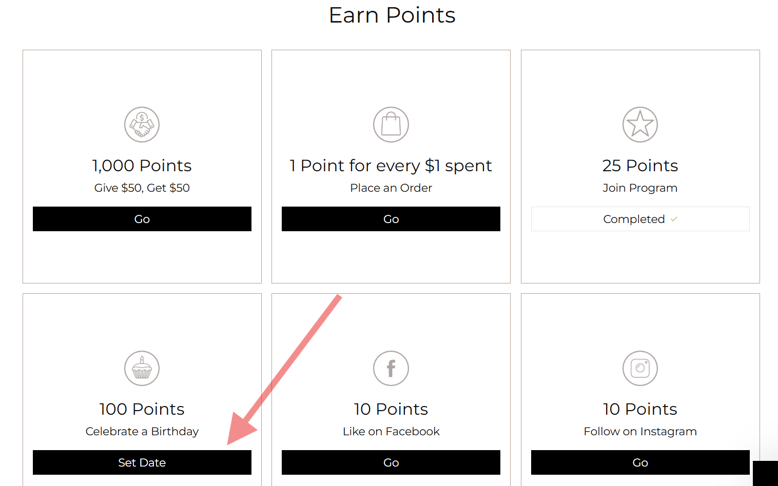 Screenshot of Ways to Earn section showing birthday reward