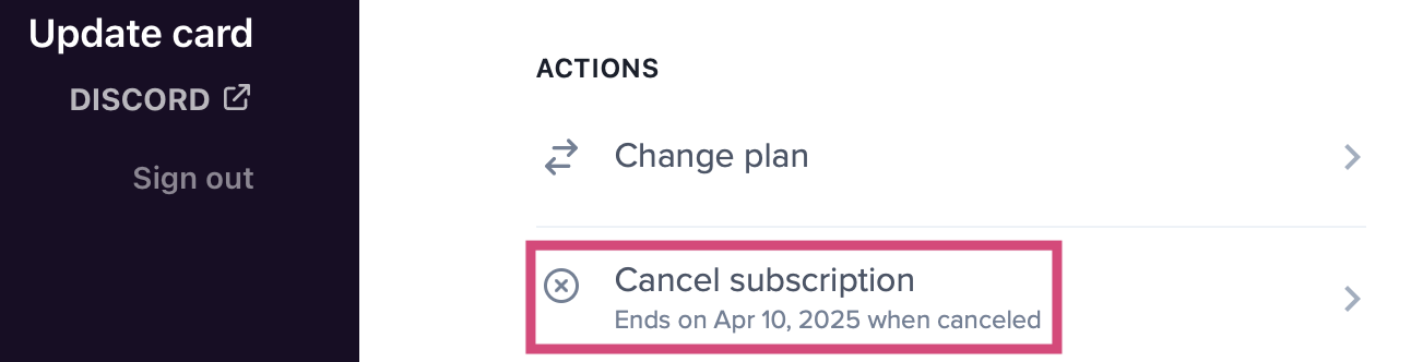Cancel subscription section on Account page