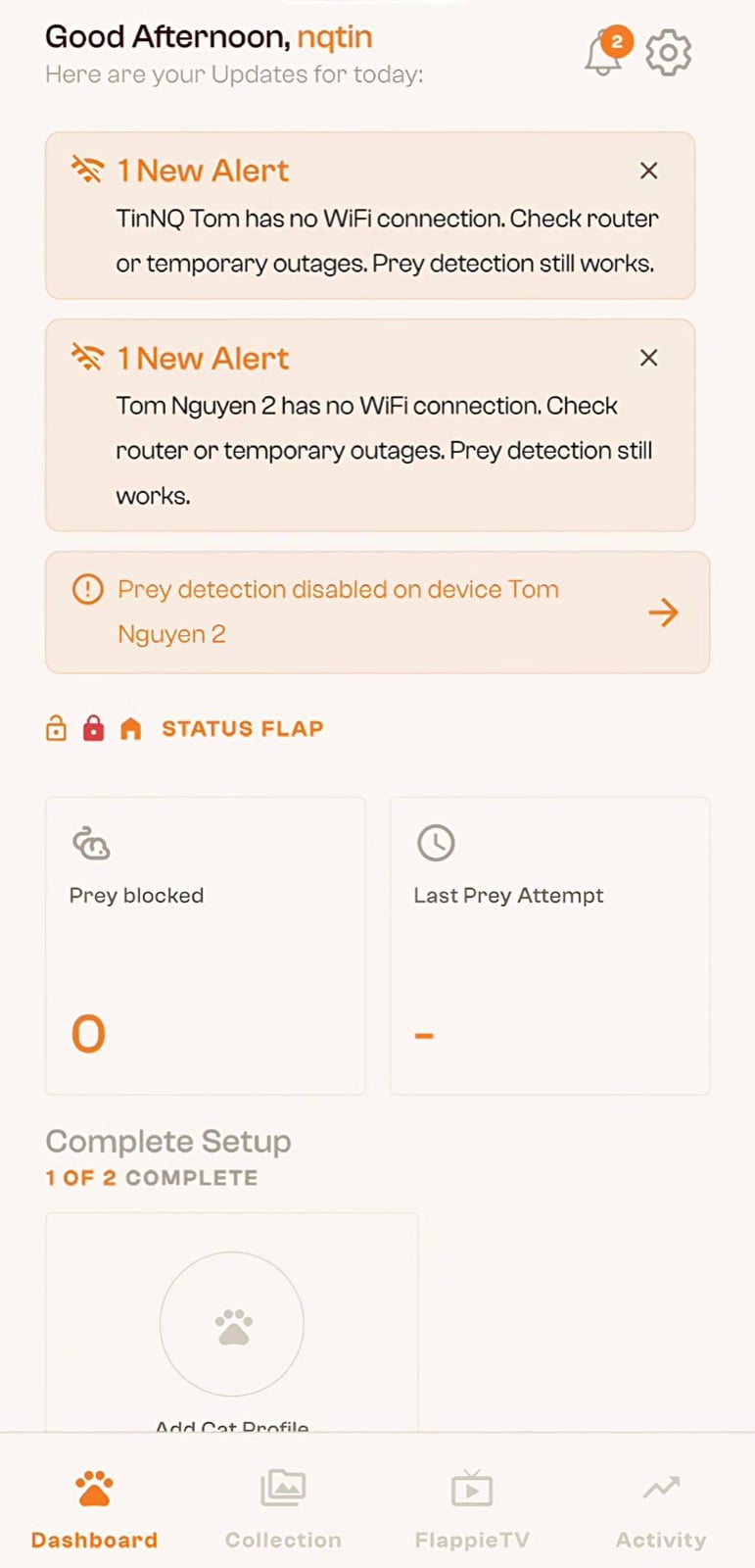 Dashboard der Flappie App nach erfolgreicher Einrichtung