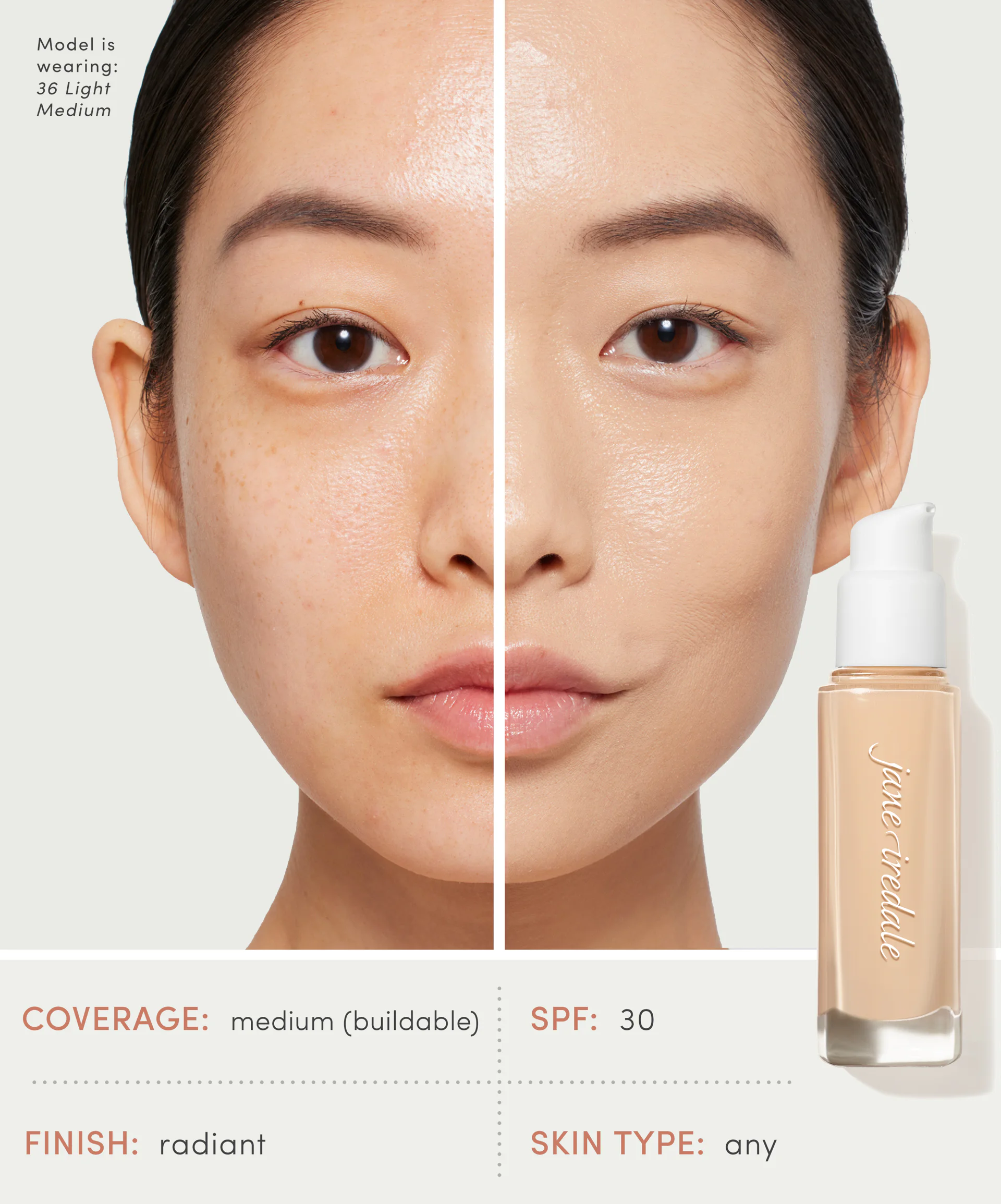 Model showing a half face of Skintuition Liquid Foundation application