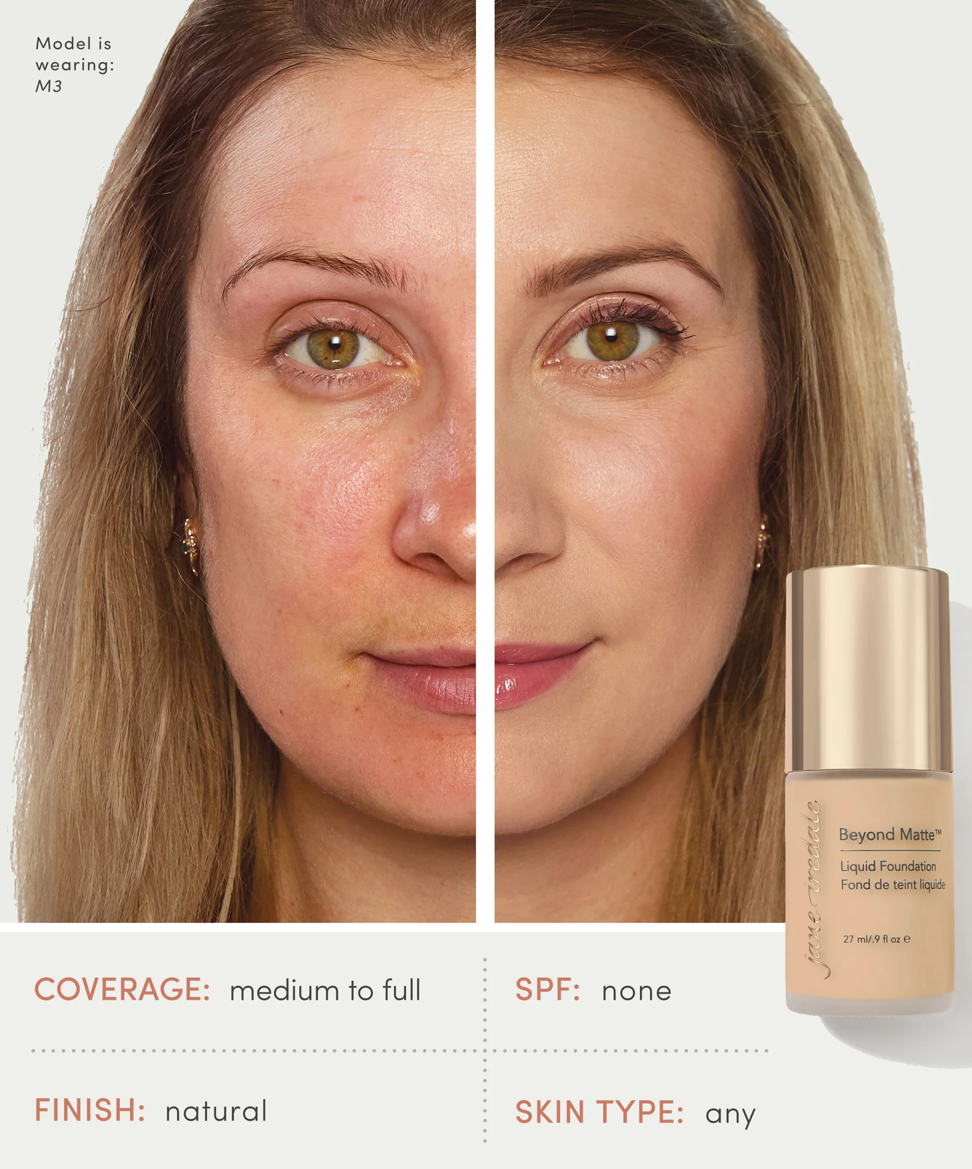 Model showing a half face of Beyond Matte Liquid Foundation application