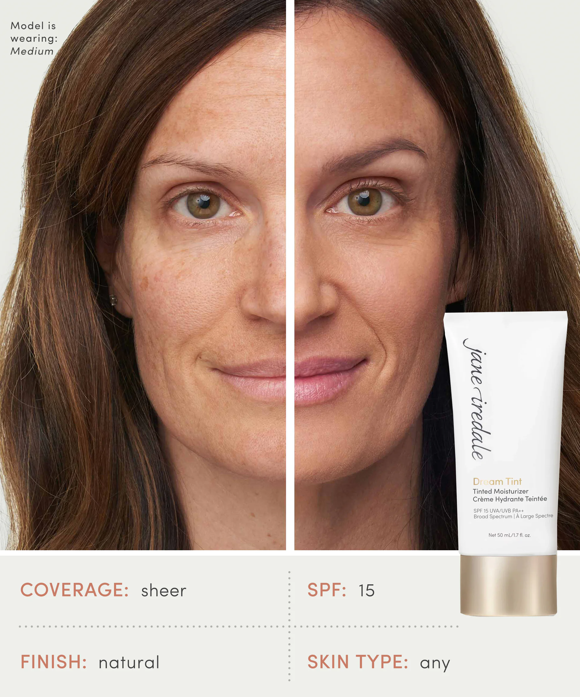  Model showing a half face of Dream Tint Tinted Moisturiser application