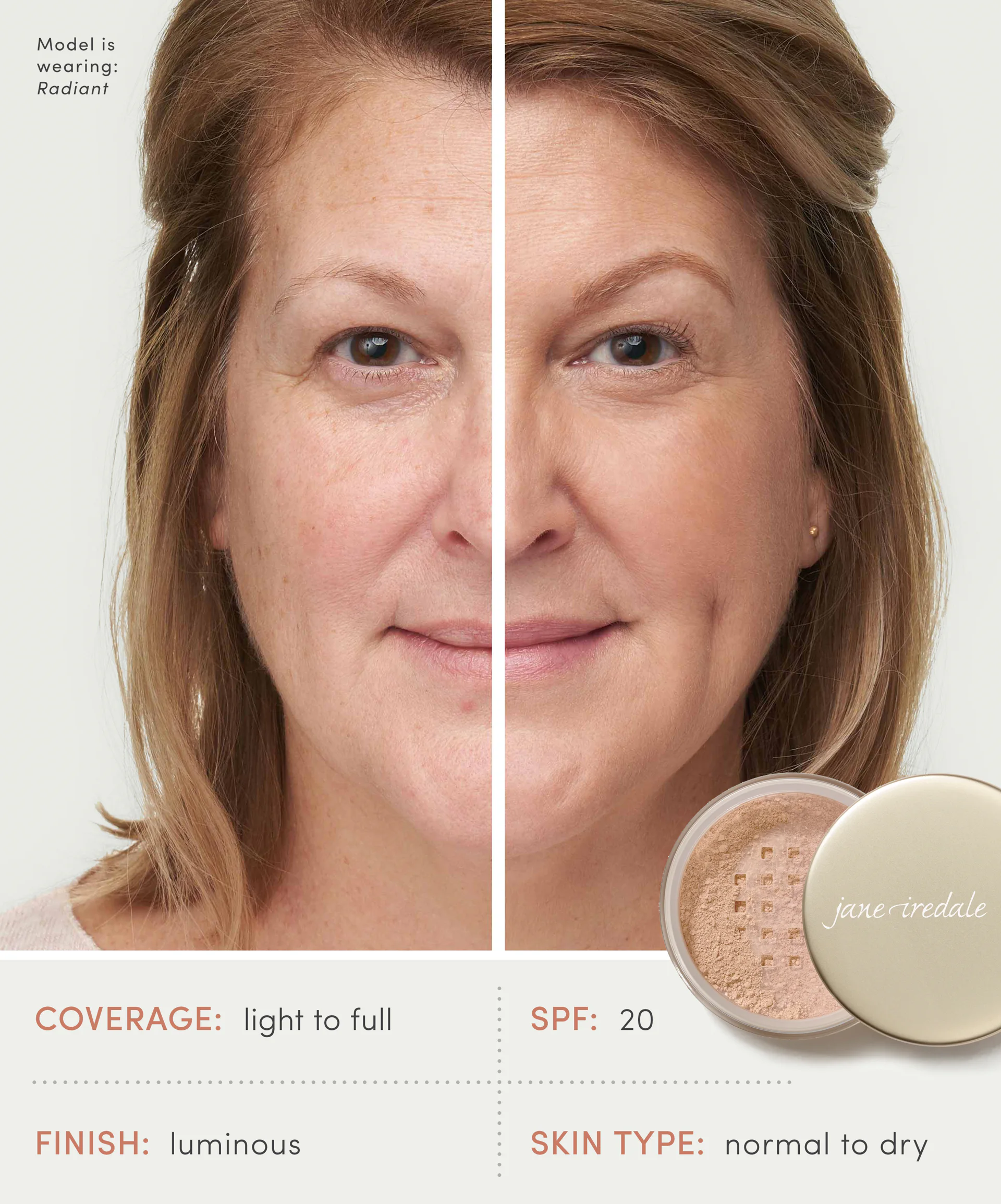Model showing a half face of Amazing Base Loose Mineral Foundation application