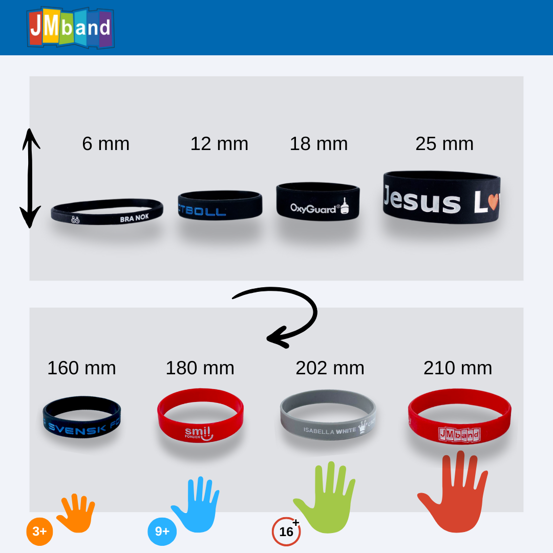Here you can see the different sizes for silicone wristbands.