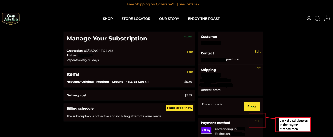 Screenshot indicating how to edit a subscription payment