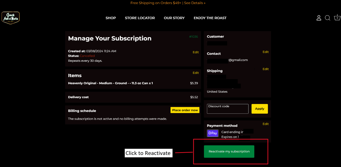 Screenshot showing reactivate my subscription button